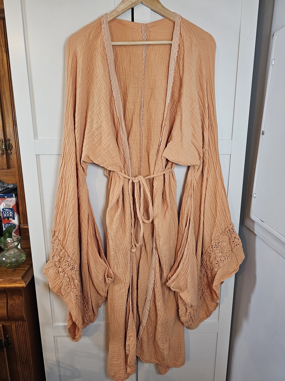 Boho Crinkle Gauze Maxi Kimono Robe Wide Bell Sleeve Crochet Lace Trim Peach OS